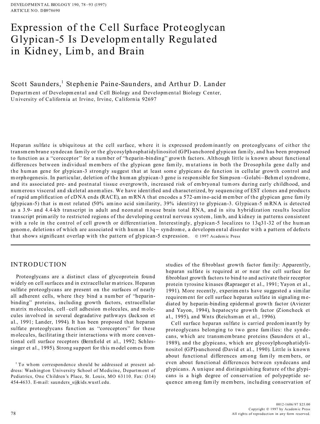 Expression of the Cell Surface Proteoglycan Glypican-5 Is Developmentally Regulated in Kidney, Limb, and Brain