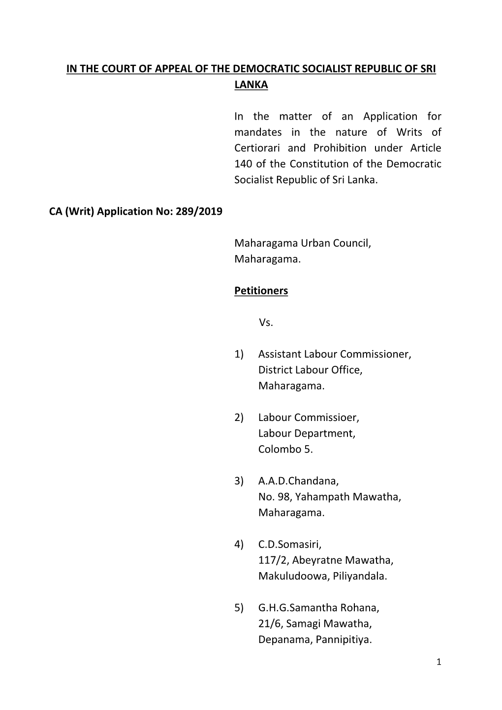 C.A WRIT 289/2019 Maharagama Urban Council Vs Assistant Labour