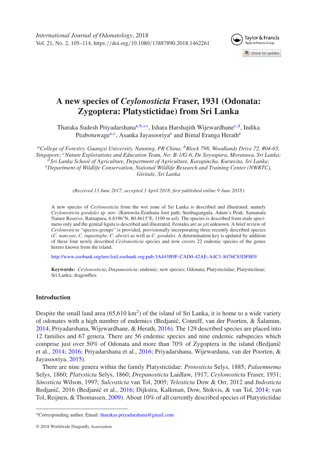 A New Species of Ceylonosticta Fraser, 1931 (Odonata: Zygoptera: Platystictidae) from Sri Lanka