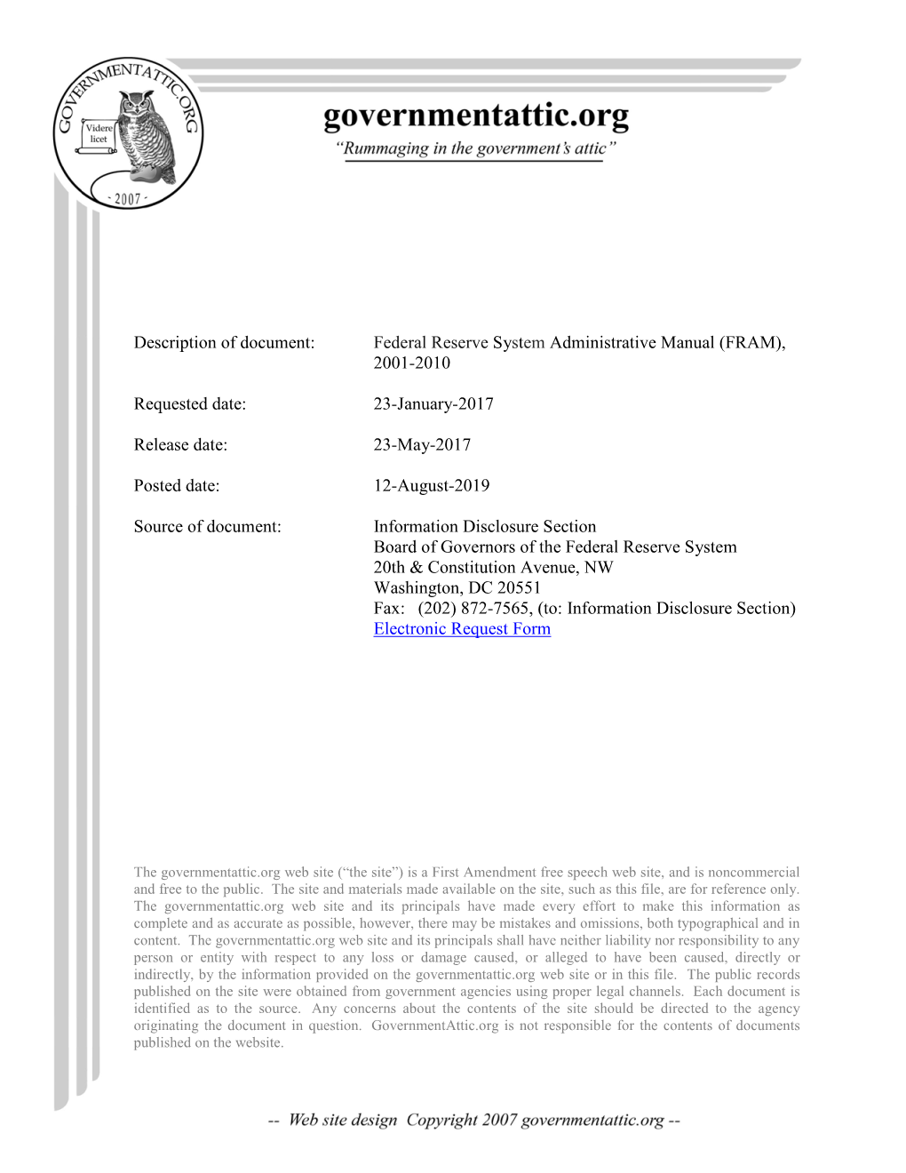Federal Reserve System Administrative Manual (FRAM), 2001-2010