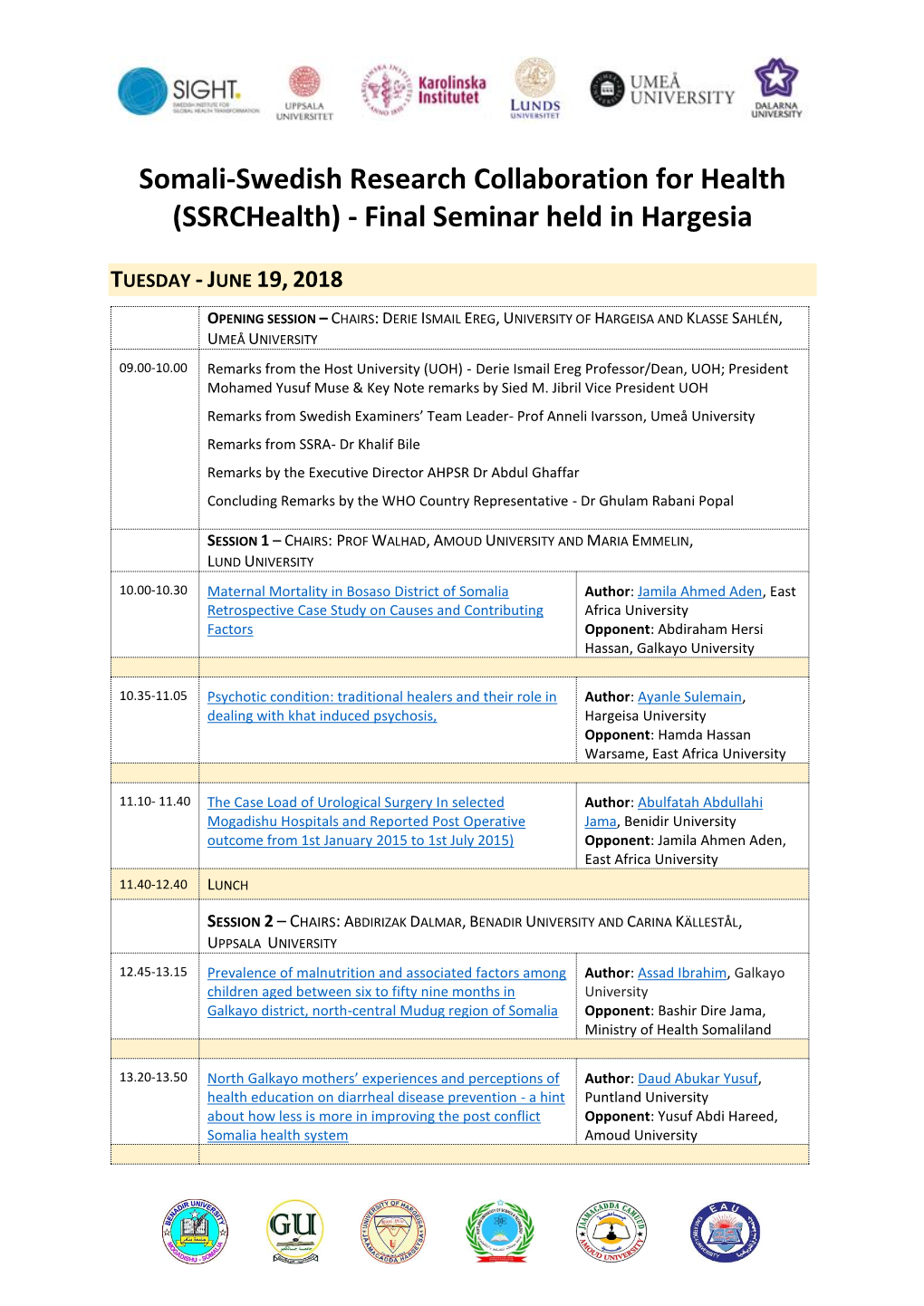 Somali-Swedish Research Collaboration for Health (Ssrchealth) - Final Seminar Held in Hargesia