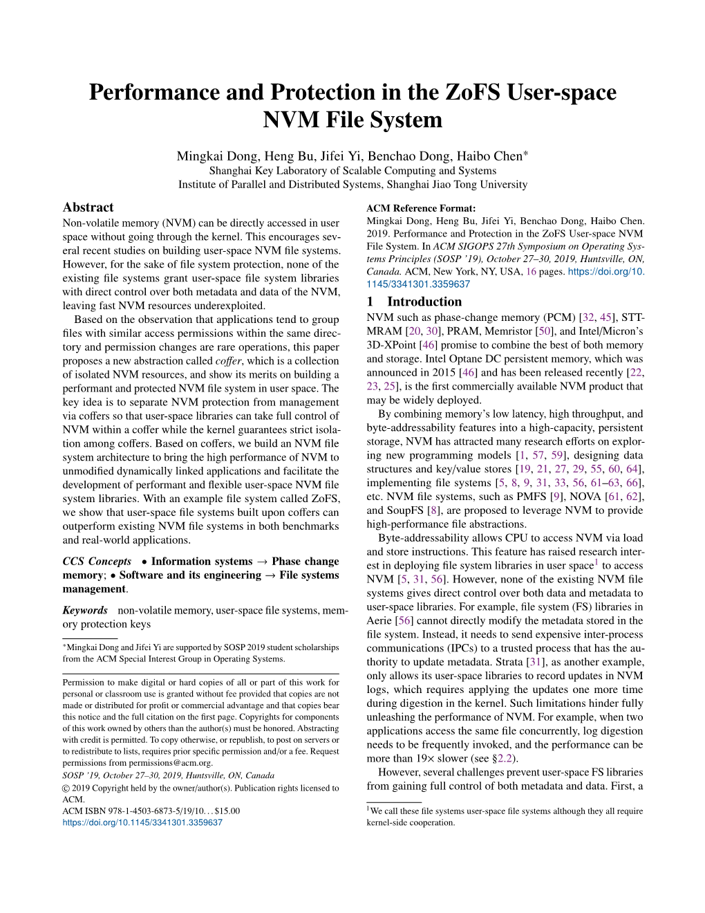Performance and Protection in the Zofs User-Space NVM File System