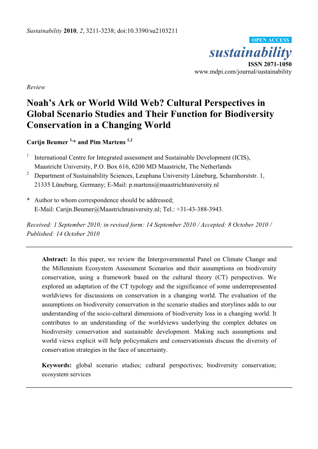 Cultural Perspectives in Global Scenario Studies and Their Function for Biodiversity Conservation in a Changing World