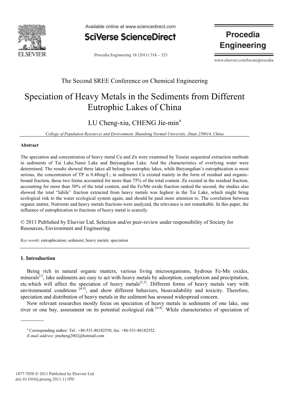 Speciation of Heavy Metals in the Sediments from Different Eutrophic Lakes of China