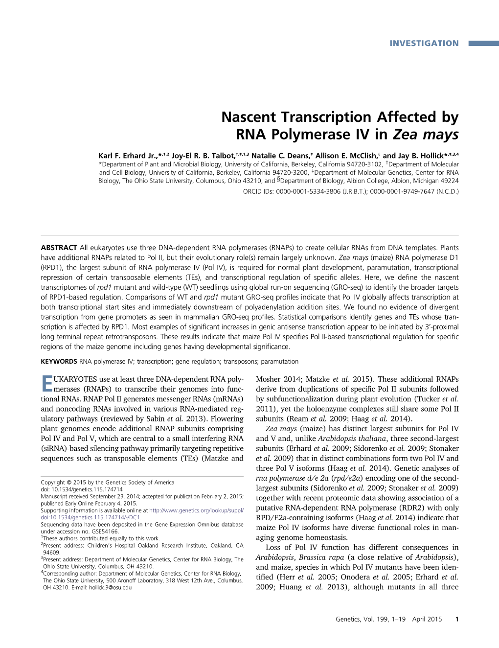 Nascent Transcription Affected by RNA Polymerase IV in Zea Mays