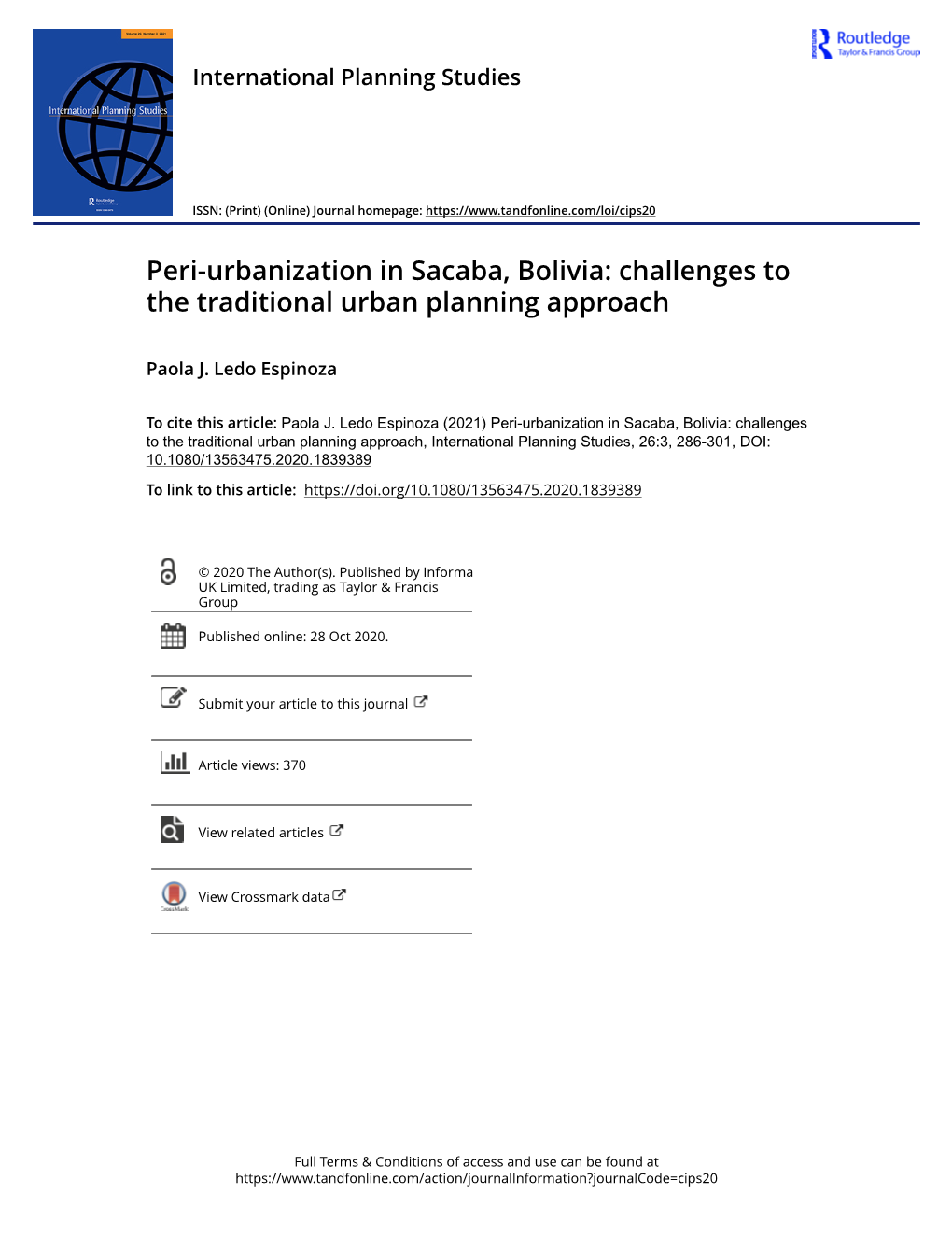 Peri-Urbanization in Sacaba, Bolivia: Challenges to the Traditional Urban Planning Approach
