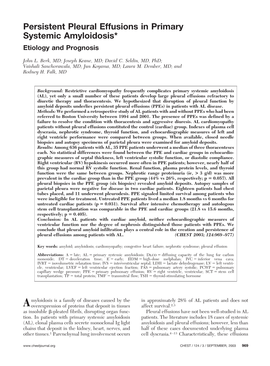 Persistent Pleural Effusions in Primary Systemic Amyloidosis* Etiology and Prognosis