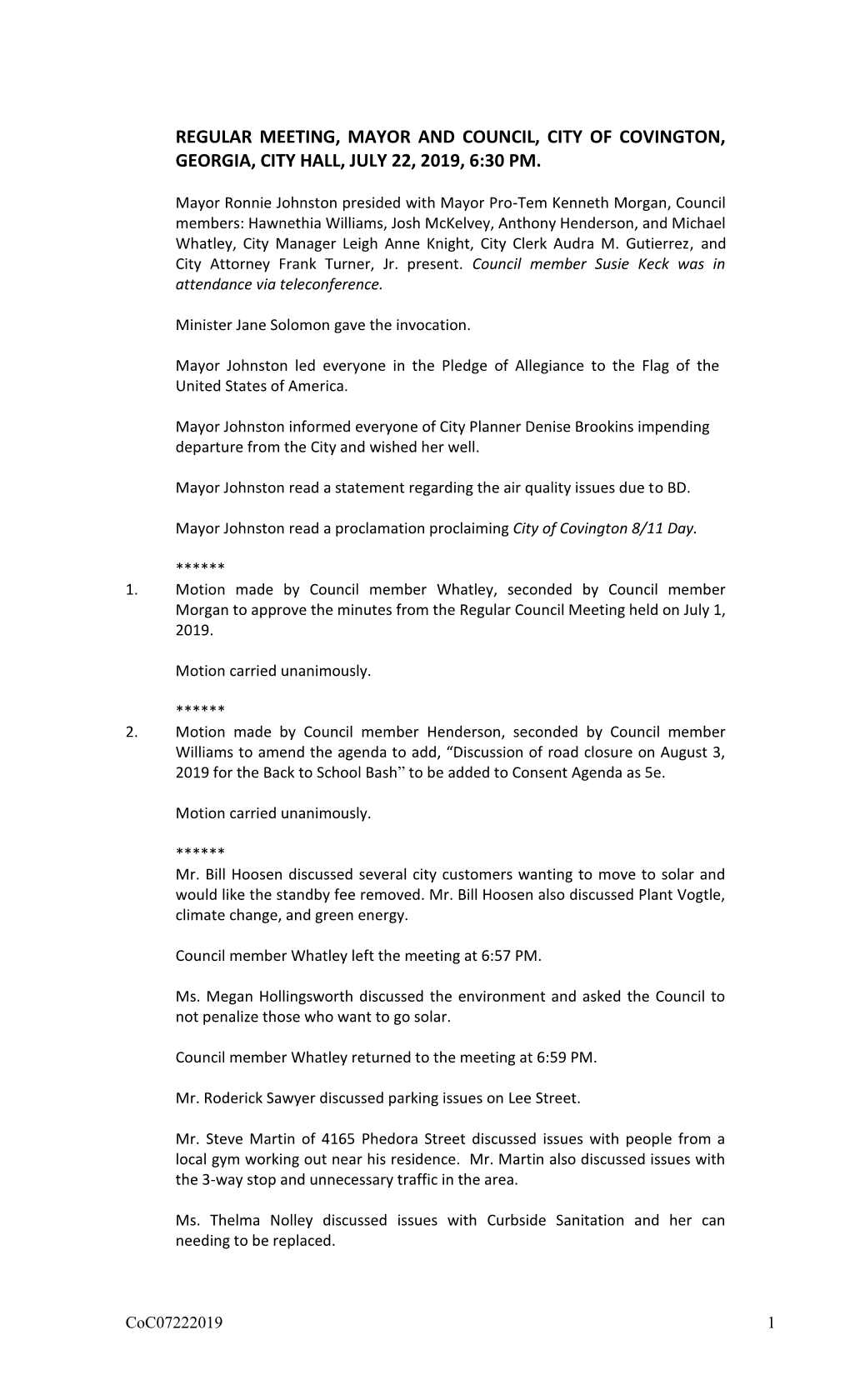 Regular Meeting, Mayor and Council, City of Covington, Georgia, City Hall, July 22, 2019, 6:30 Pm