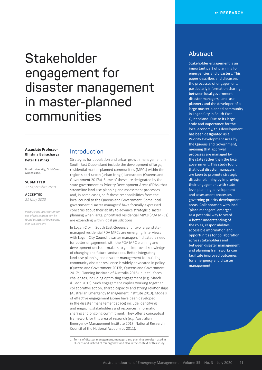 Stakeholder Engagement for Disaster Management in Master-Planned