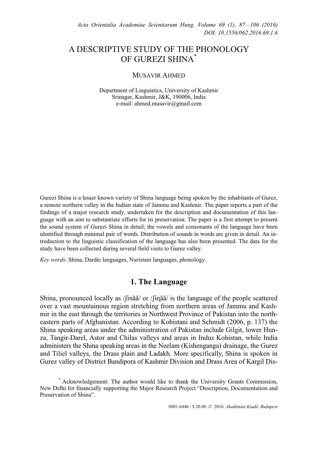 A Descriptive Study of the Phonology of Gurezi Shina*