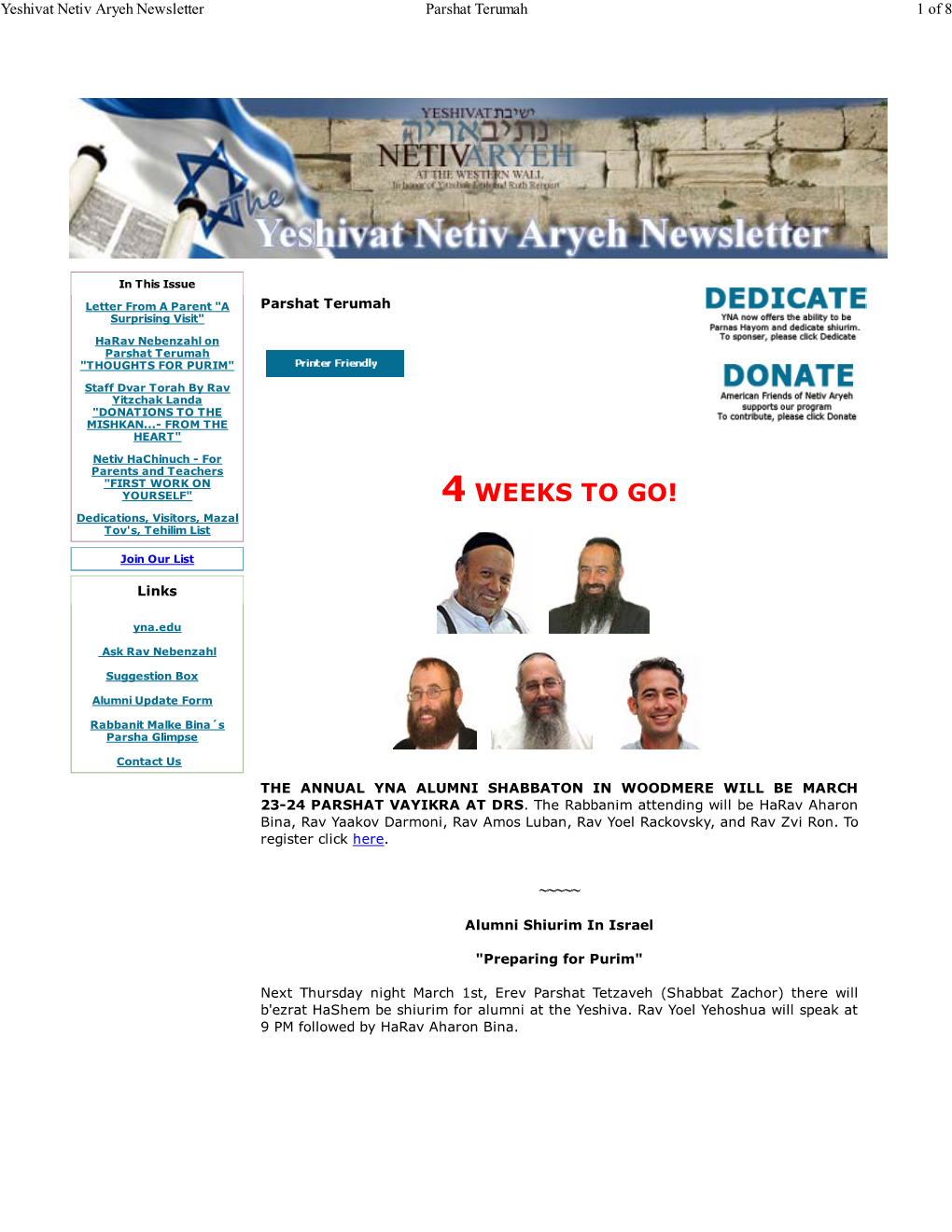 ~~~~~ Yeshivat Netiv Aryeh Newsletter Parshat Terumah 1 of 8