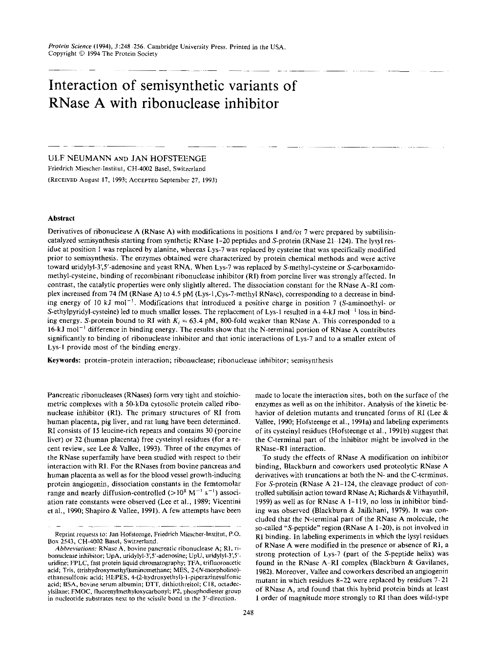 Interaction of Semisynthetic Variants of Rnase a with Ribonuclease Inhibitor