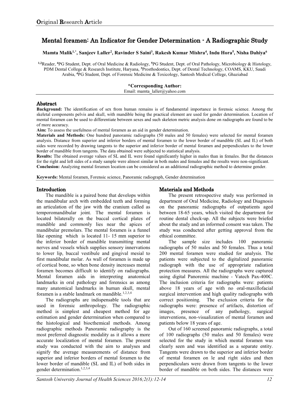 Mental Foramen: an Indicator for Gender Determination - a Radiographic Study