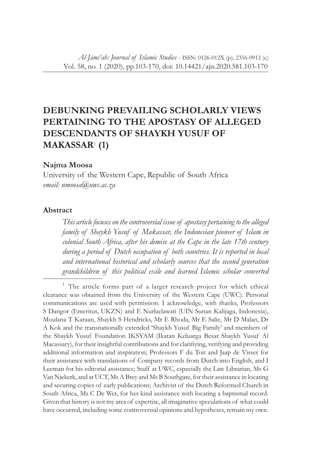 Debunking Prevailing Scholarly Views Pertaining to the Apostasy of Alleged Descendants of Shaykh Yusuf of Makassar1 (1)