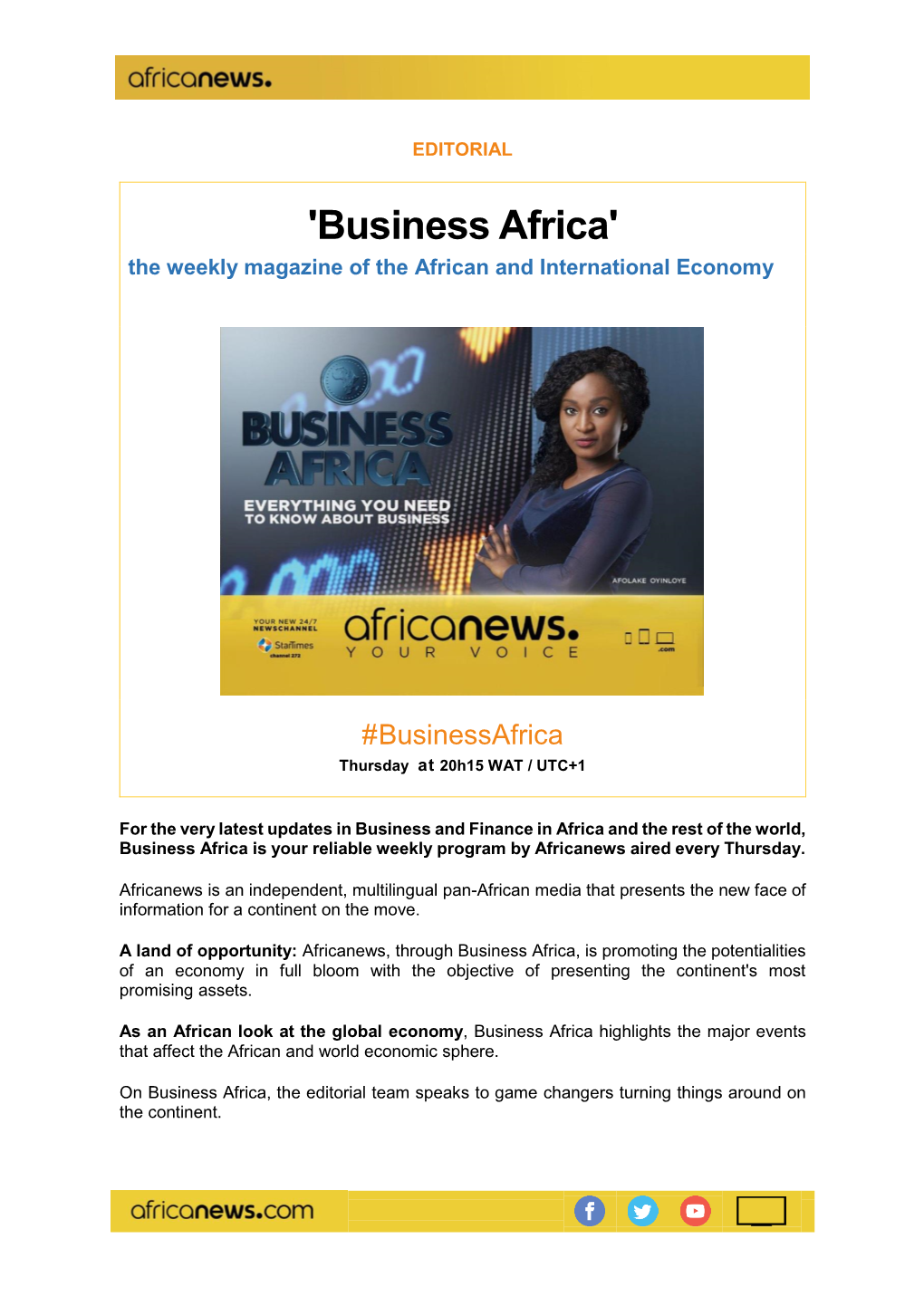 Business Africa' the Weekly Magazine of the African and International Economy