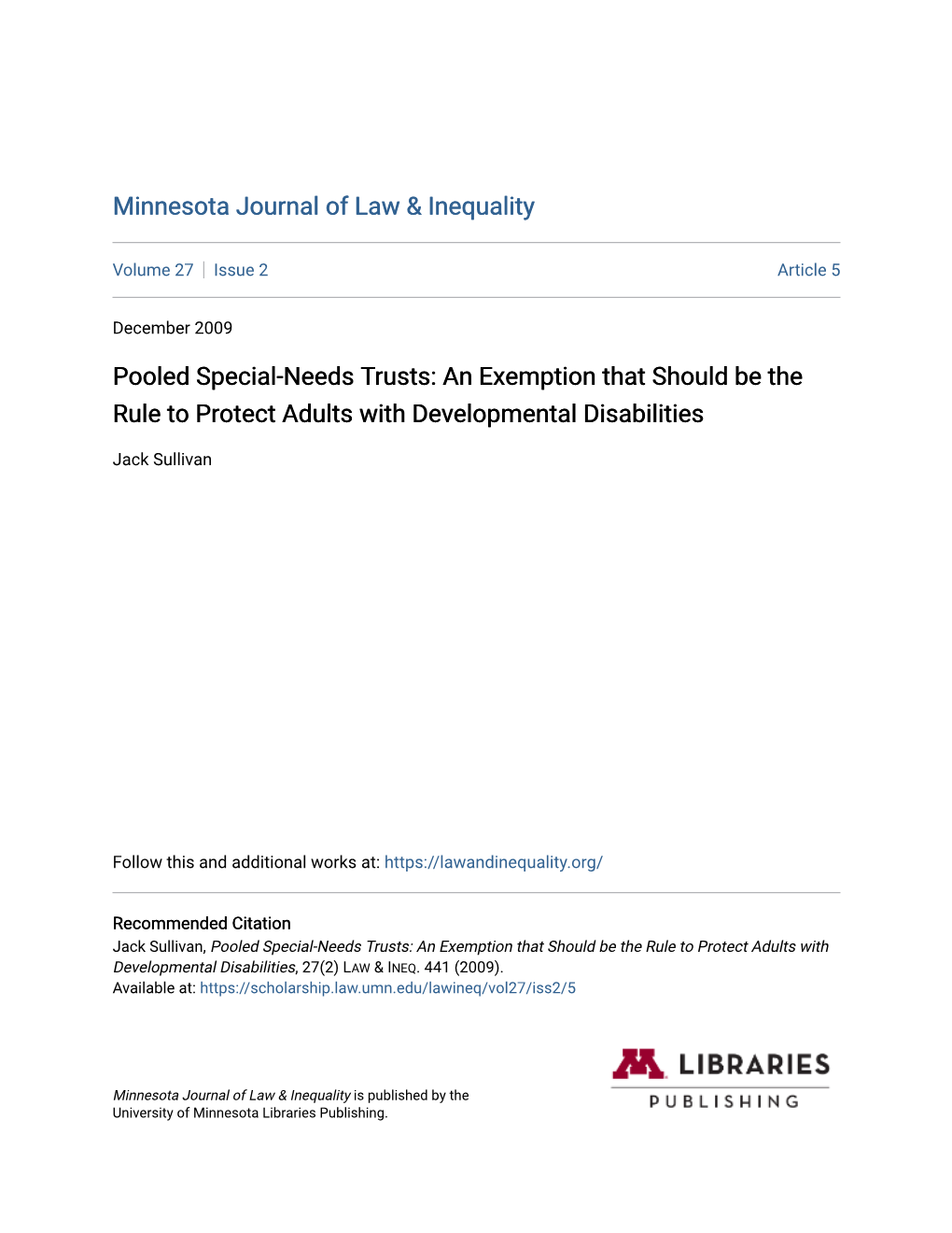 Pooled Special-Needs Trusts: an Exemption That Should Be the Rule to Protect Adults with Developmental Disabilities