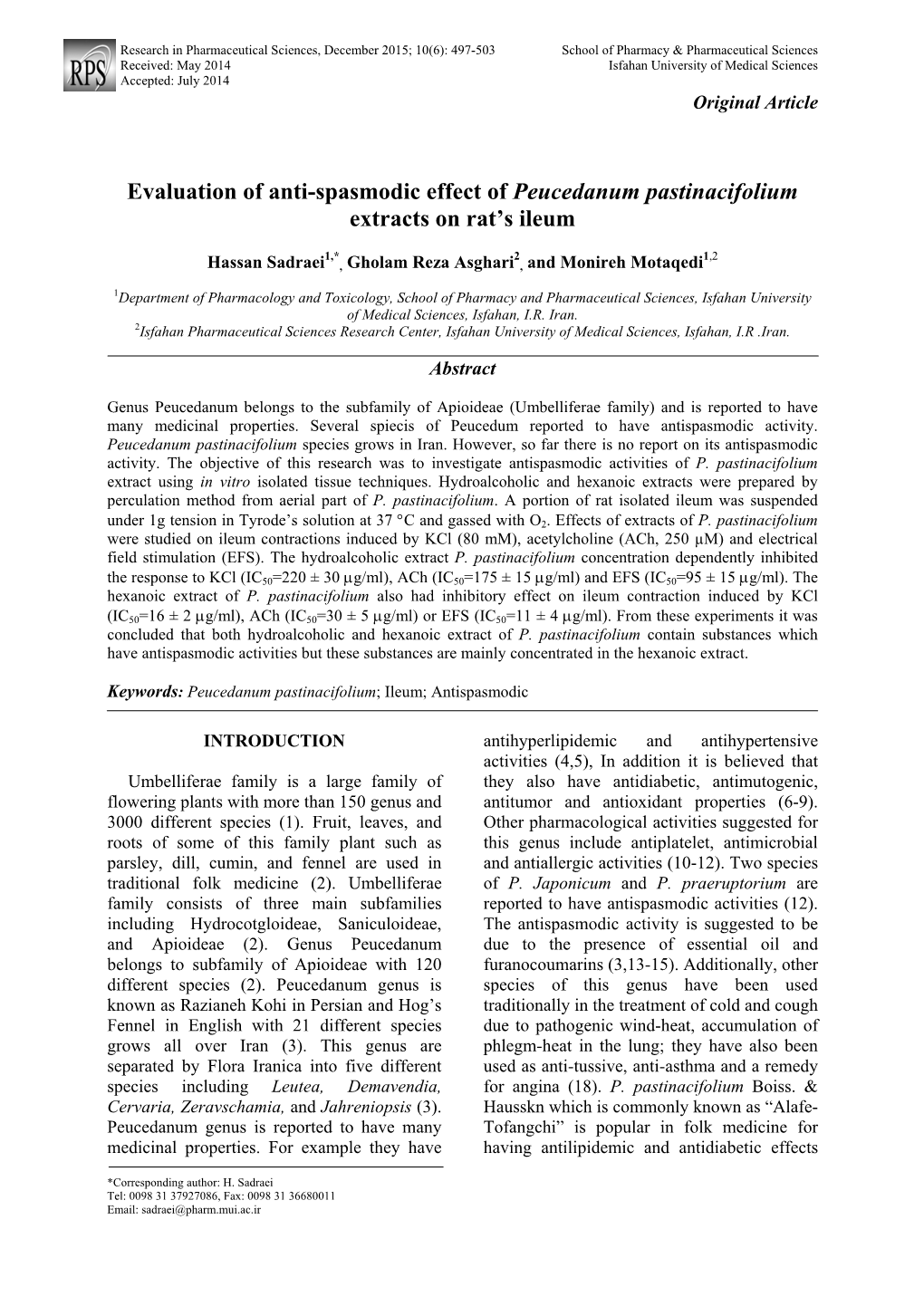 Evaluation of Anti-Spasmodic Effect of Peucedanum Pastinacifolium Extracts on Rat’S Ileum