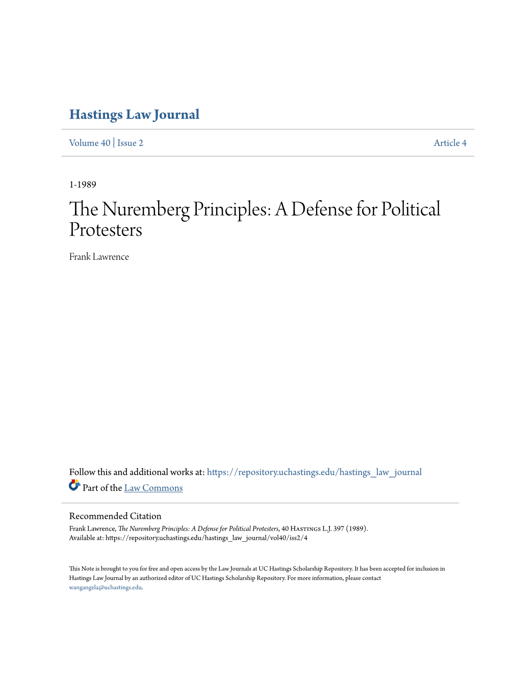 The Nuremberg Principles: a Defense for Political Protesters, 40 Hastings L.J