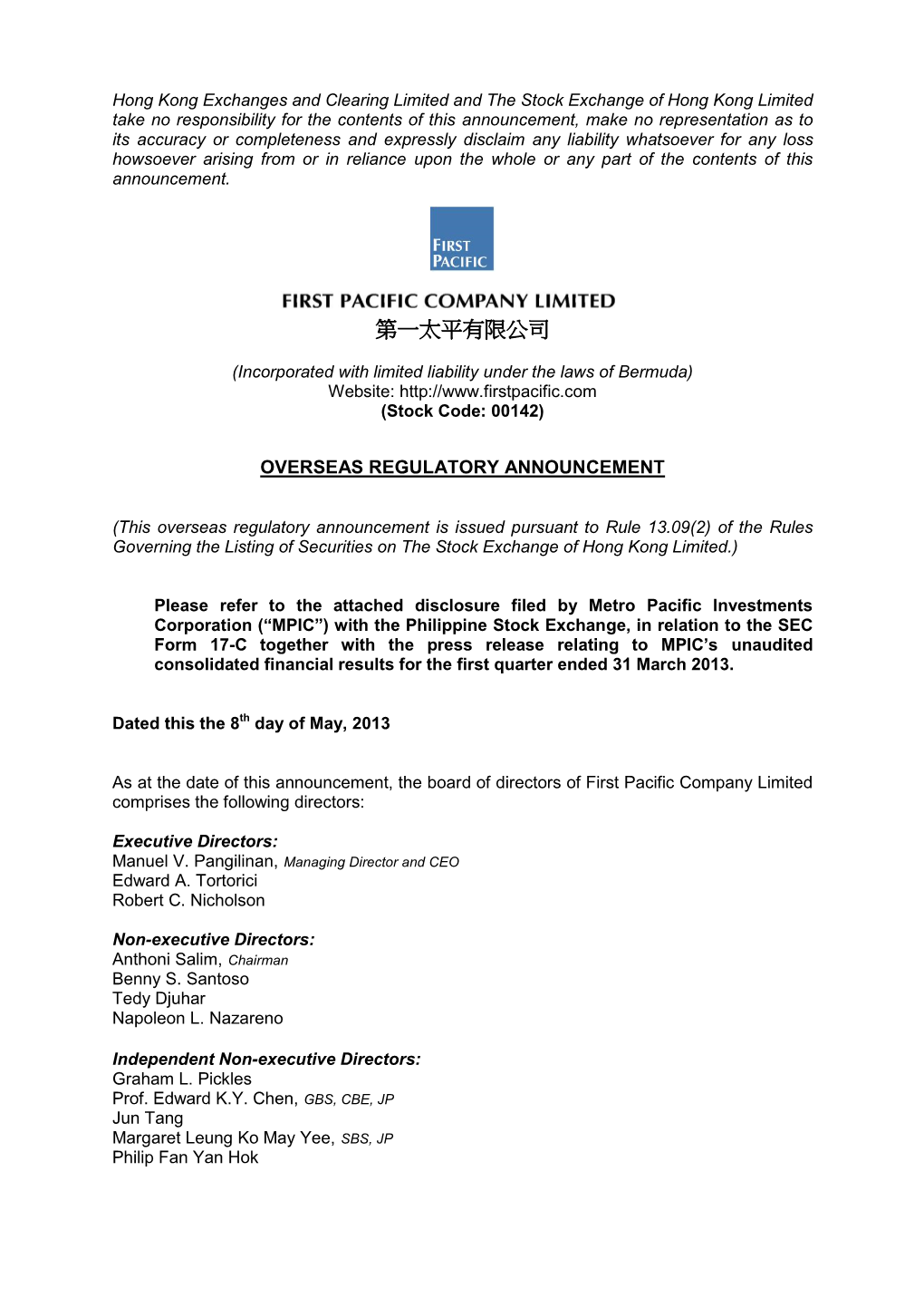 Disclosure Filed by Metro Pacific Investments Corporation ("MPIC")