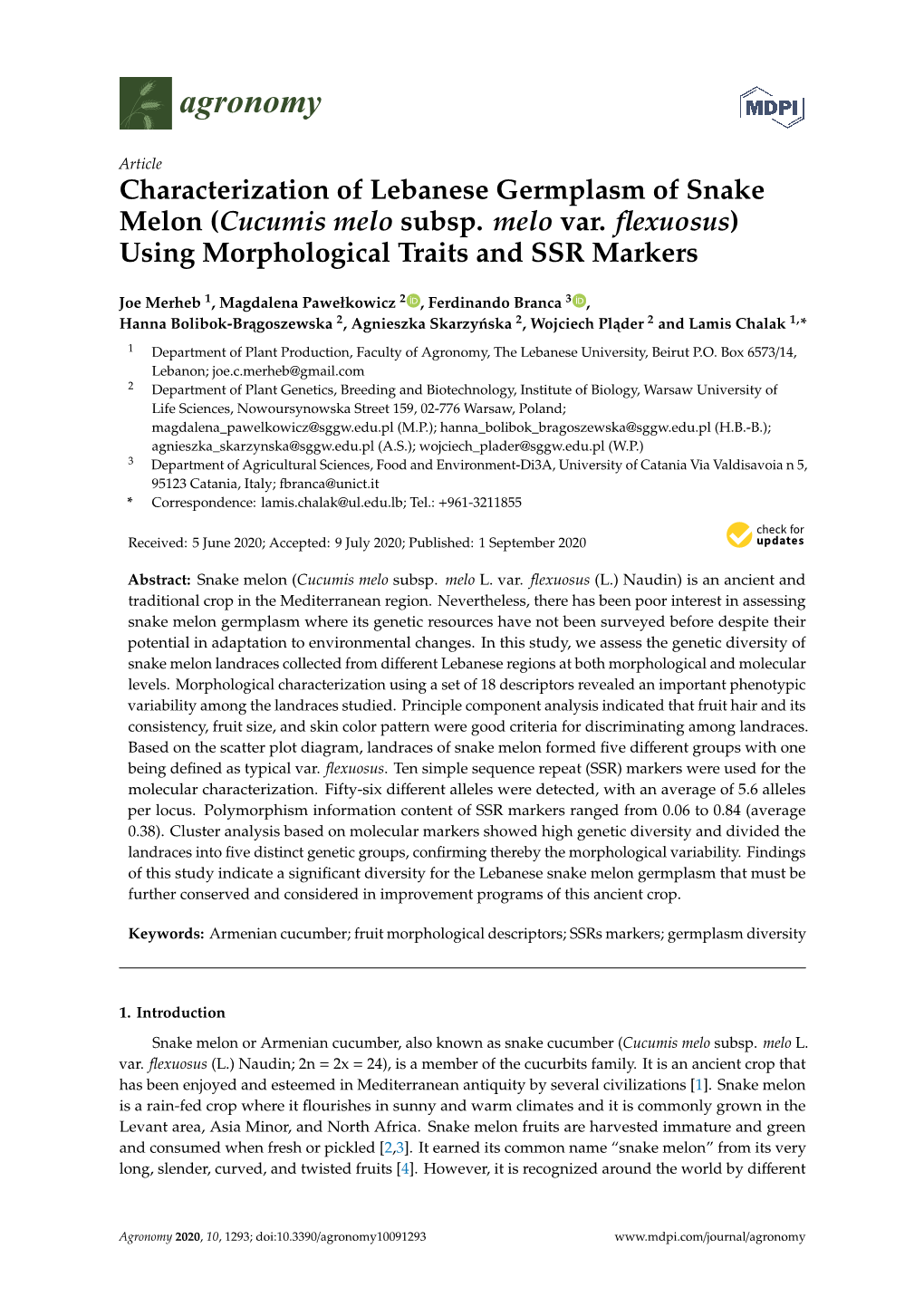 Characterization of Lebanese Germplasm of Snake Melon (Cucumis Melo Subsp