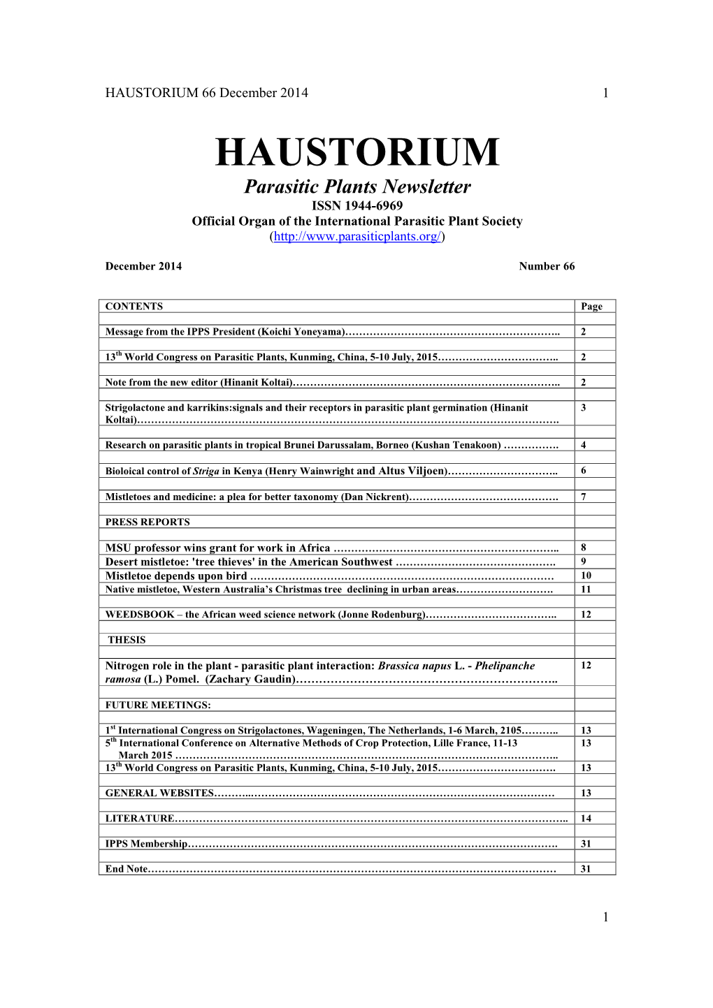 HAUSTORIUM 66 December 2014