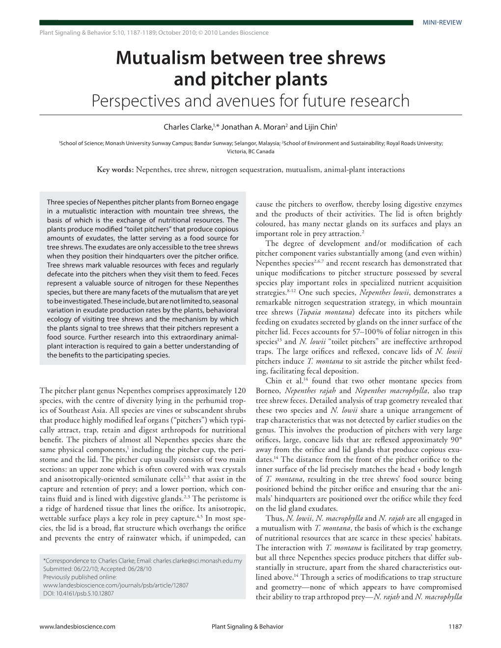 Mutualism Between Tree Shrews and Pitcher Plants Perspectives and Avenues for Future Research