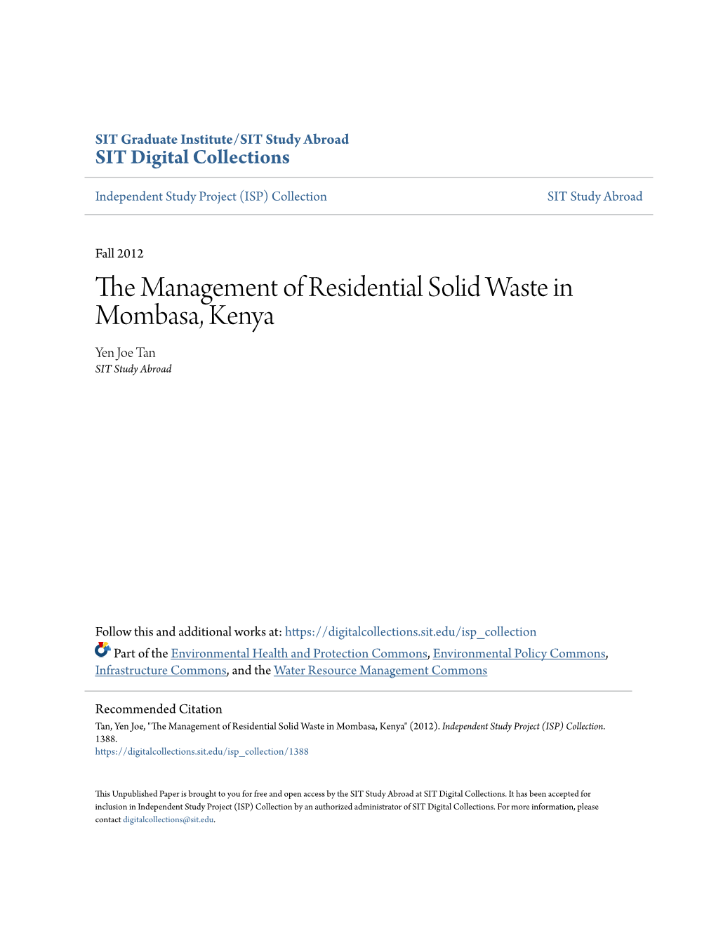 The Management of Residential Solid Waste in Mombasa, Kenya