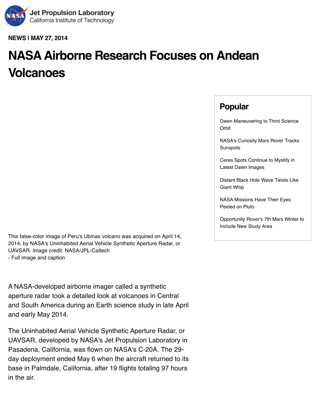 NASA Airborne Research Focuses on Andean Volcanoes