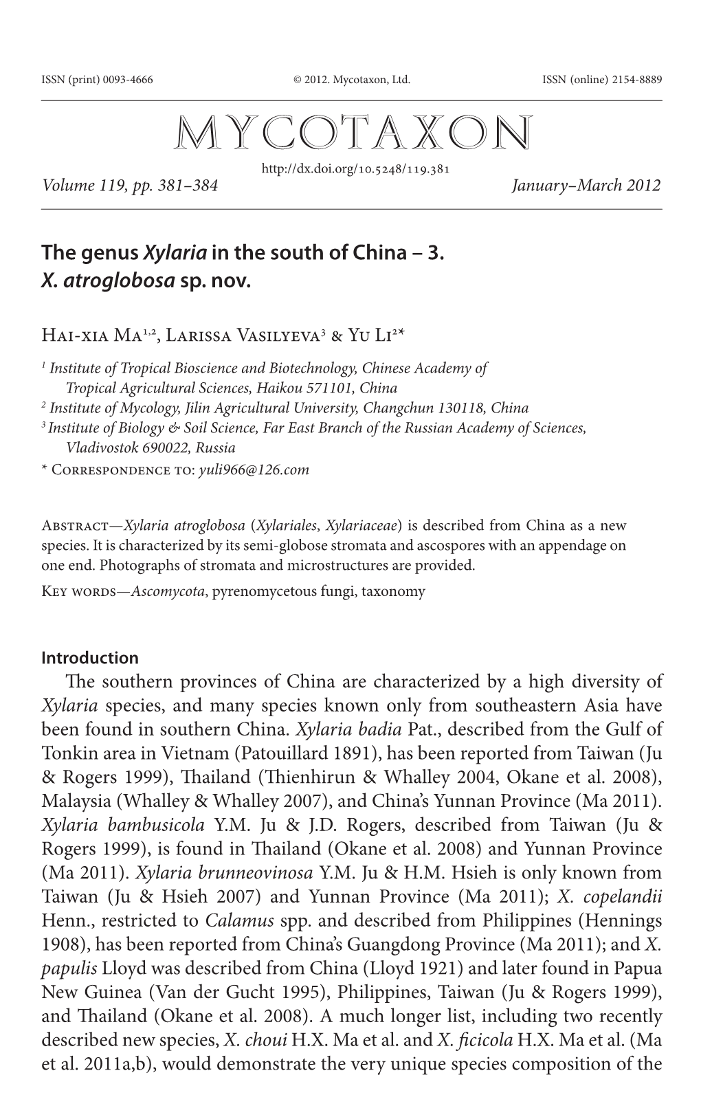 The Genus &lt;I&gt;Xylaria&lt;/I&gt; in the South of China ÂŒ 3. &lt;I