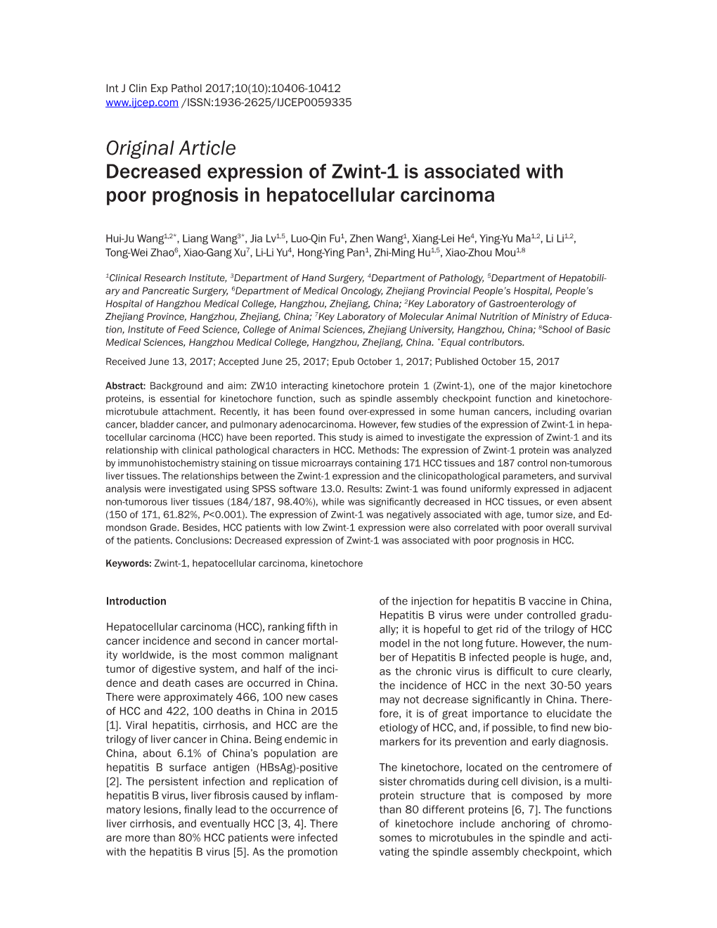 Original Article Decreased Expression of Zwint-1 Is Associated with Poor Prognosis in Hepatocellular Carcinoma