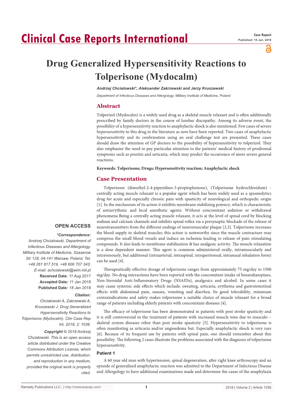 Drug Generalized Hypersensitivity Reactions to Tolperisone (Mydocalm)