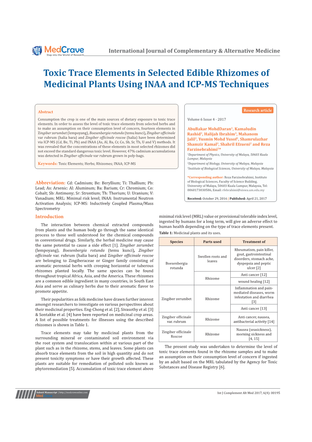 Toxic Trace Elements in Selected Edible Rhizomes of Medicinal Plants Using INAA and ICP-MS Techniques