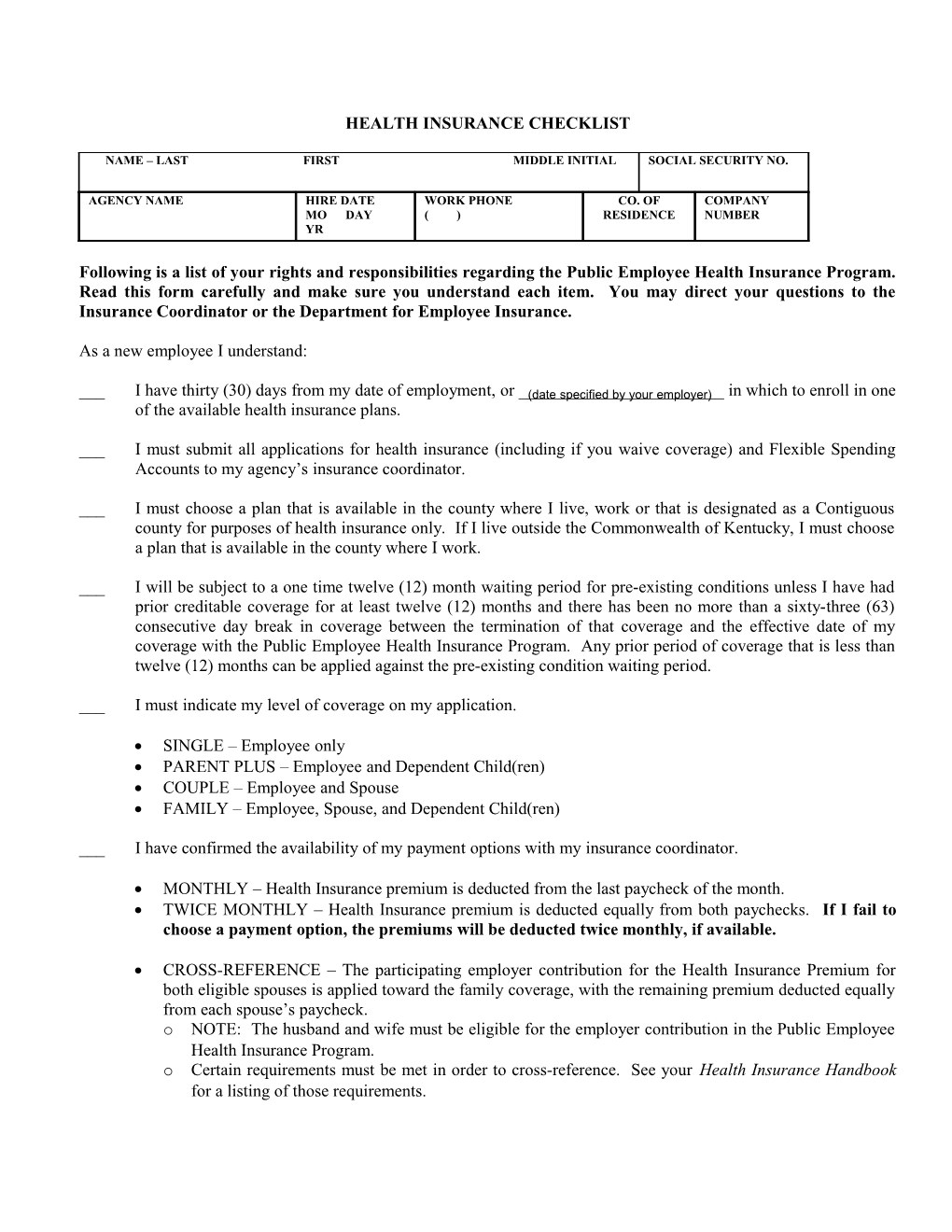 Health Insurance Checklist