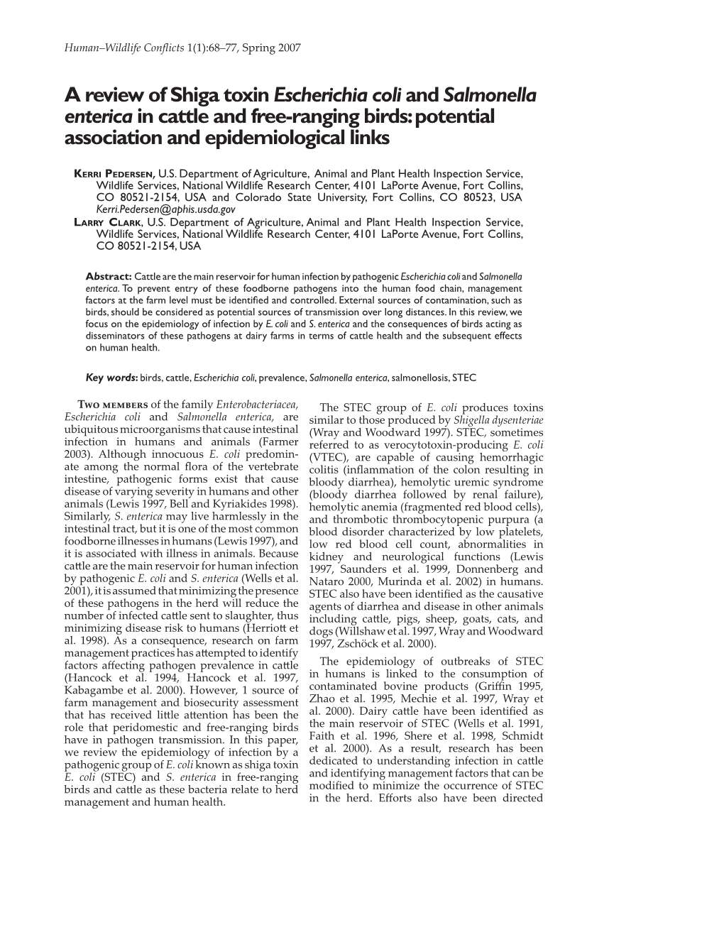 A Review of Shiga Toxin Escherichia Coli and Salmonella Enterica in Cattle and Free-Ranging Birds: Potential Association and Epidemiological Links