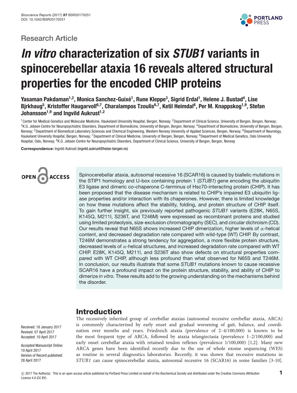 In Vitro Characterization of Six STUB1 Variants in Spinocerebellar Ataxia 16 Reveals Altered Structural Properties for the Encoded CHIP Proteins