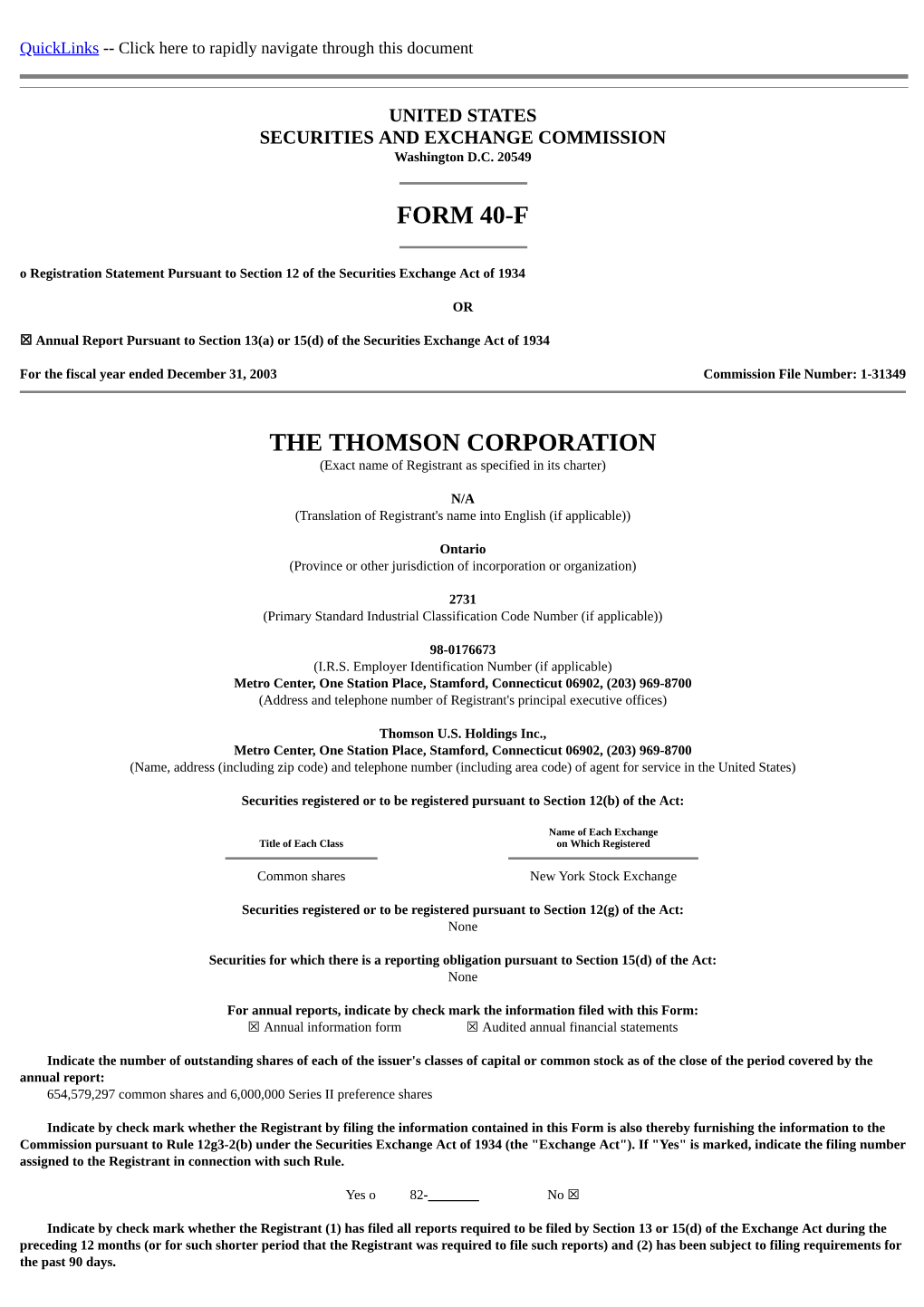 Form 40-F the Thomson Corporation
