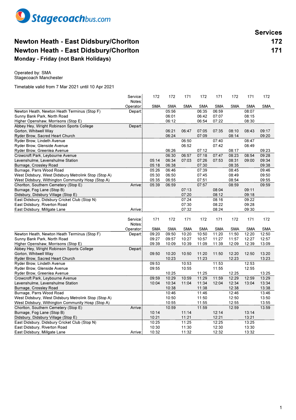 East Didsbury/Chorlton 172 Newton Heath - East Didsbury/Chorlton 171 Monday - Friday (Not Bank Holidays)