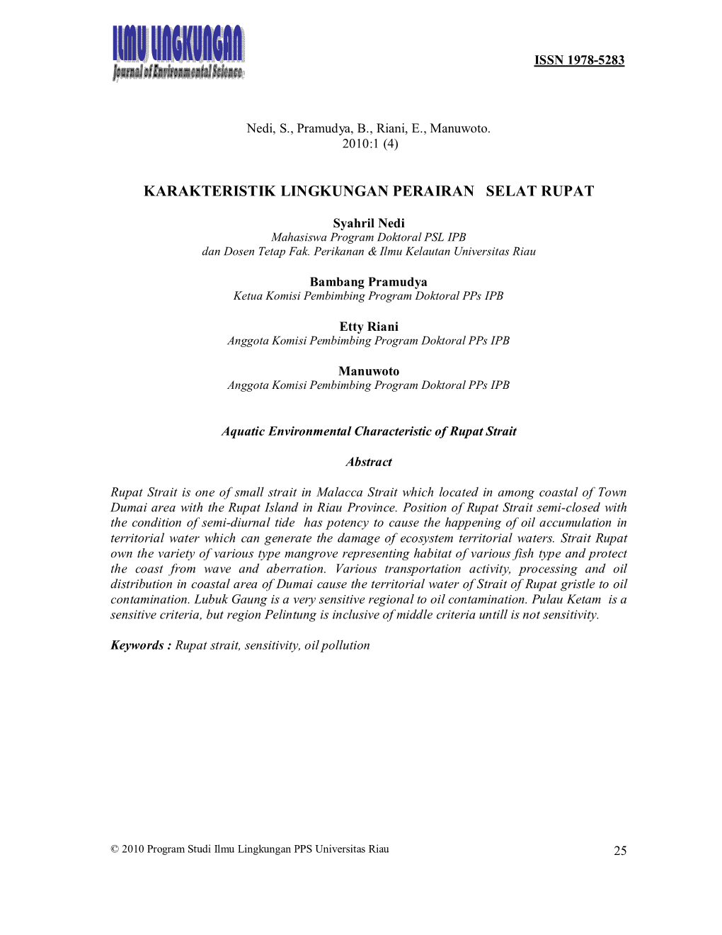 Karakteristik Lingkungan Perairan Selat Rupat ISSN 1978-5283