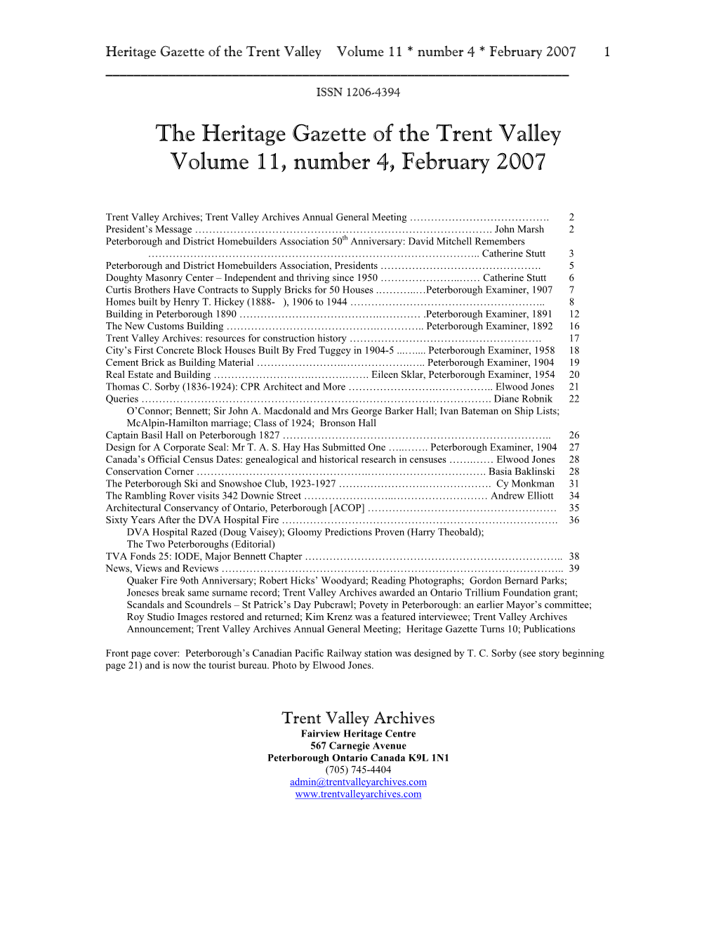 The Heritage Gazette of the Trent Valley Volume 11, Number 4, February 2007