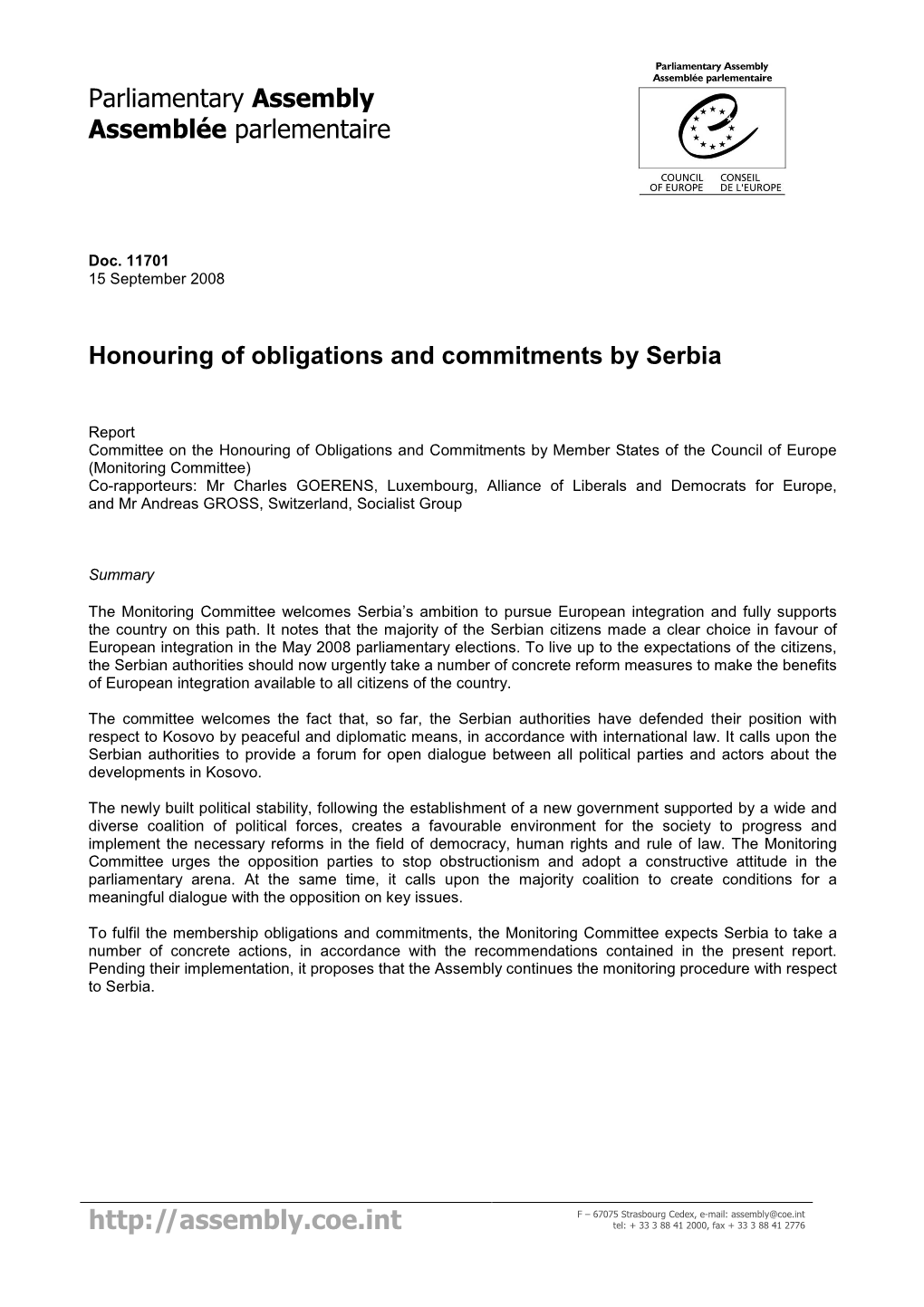 Honouring of Obligations and Commitments by Serbia