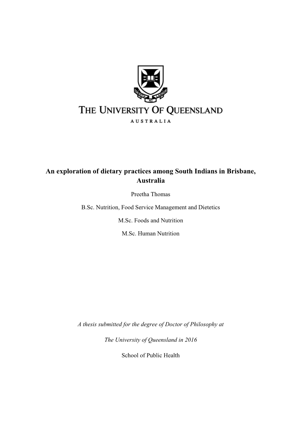 An Exploration of Dietary Practices Among South Indians in Brisbane, Australia