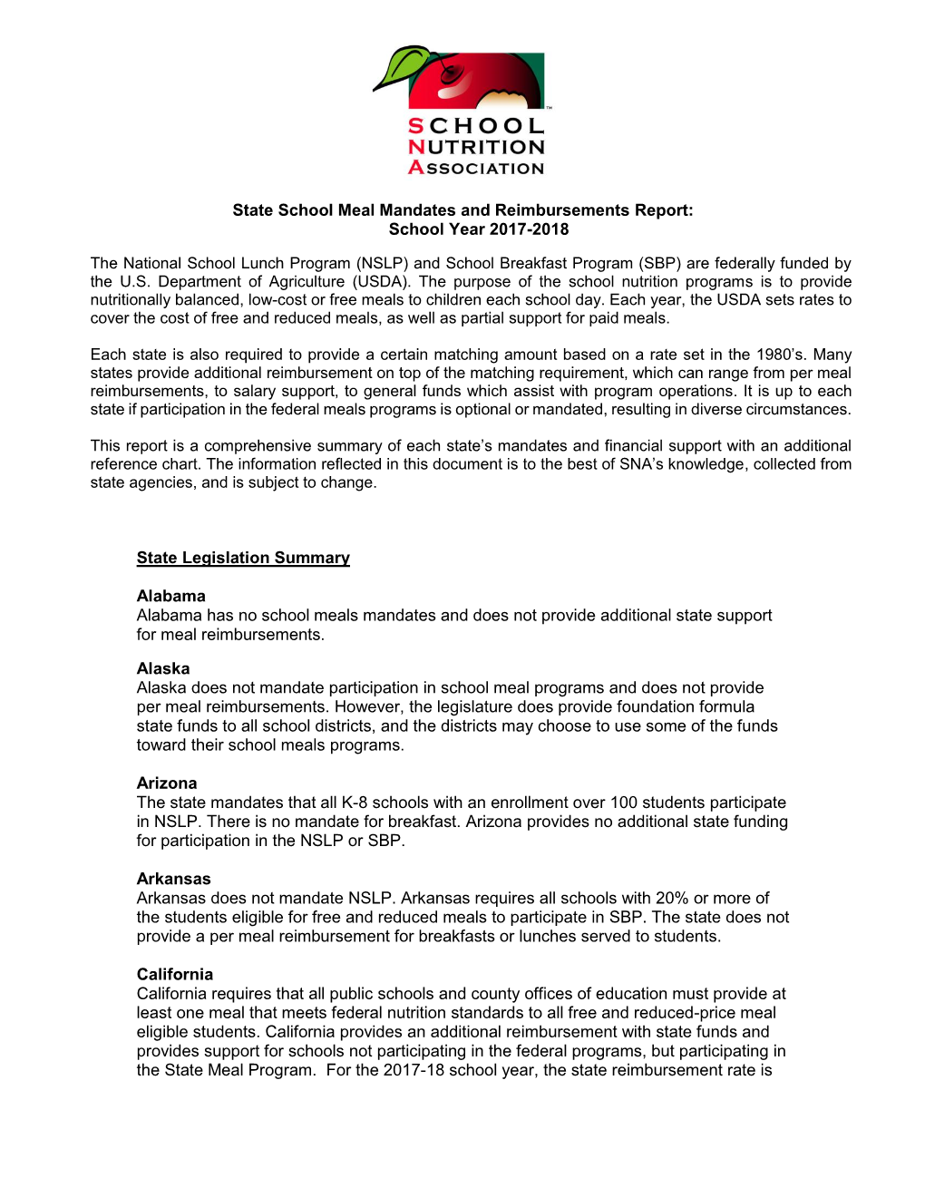 State School Meal Mandates and Reimbursements Report: School Year 2017-2018