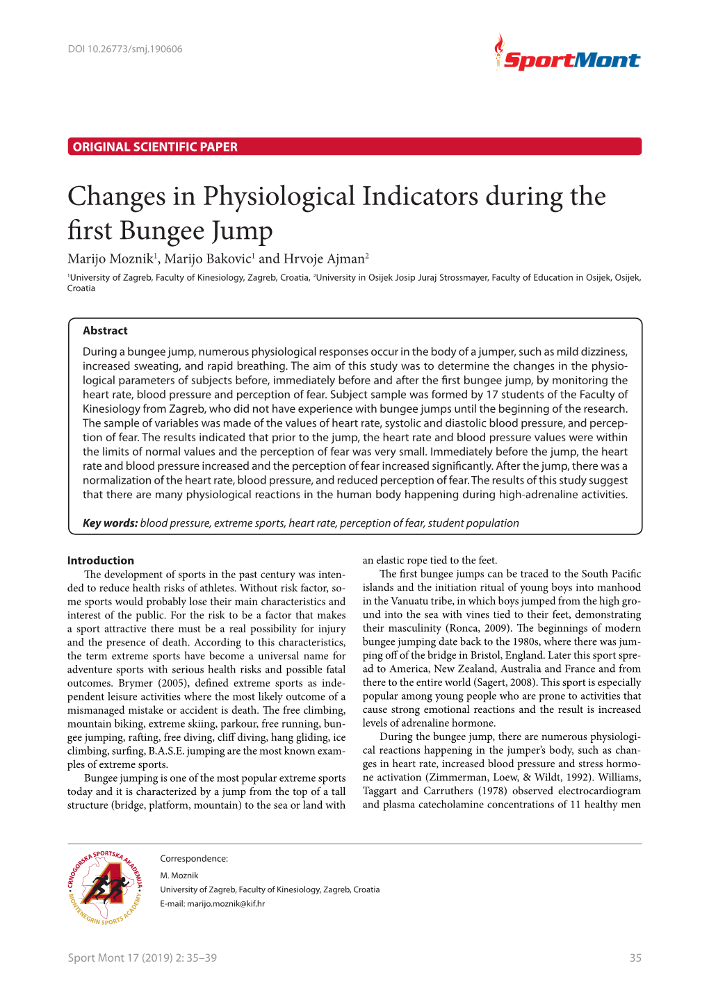 Changes in Physiological Indicators During the First Bungee Jump