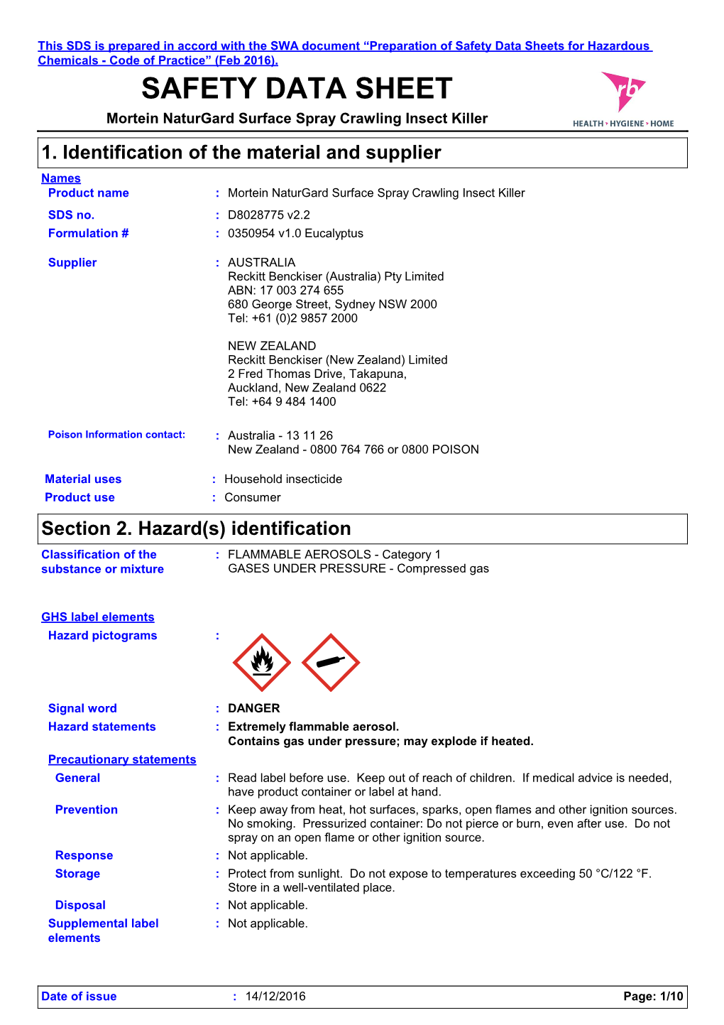 Safety Data Sheets for Hazardous Chemicals - Code of Practice” (Feb 2016)