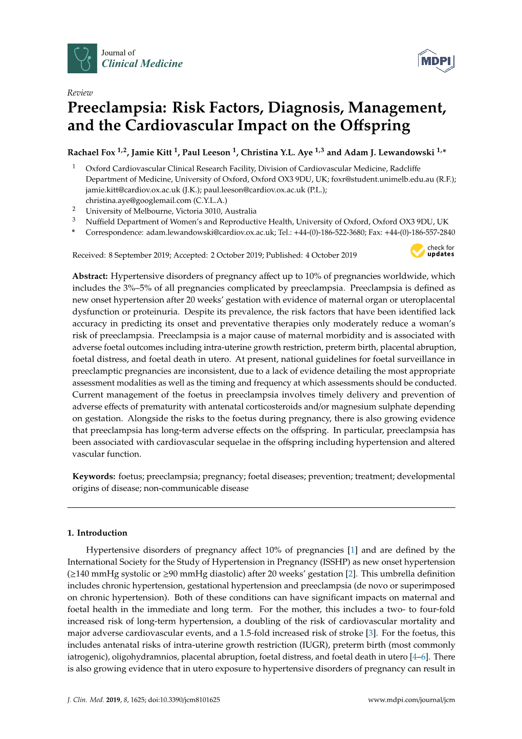 Preeclampsia: Risk Factors, Diagnosis, Management, and the Cardiovascular Impact on the Oﬀspring