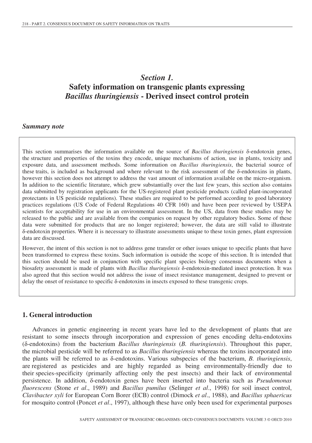 Section 1. Safety Information on Transgenic Plants Expressing Bacillus Thuringiensis - Derived Insect Control Protein