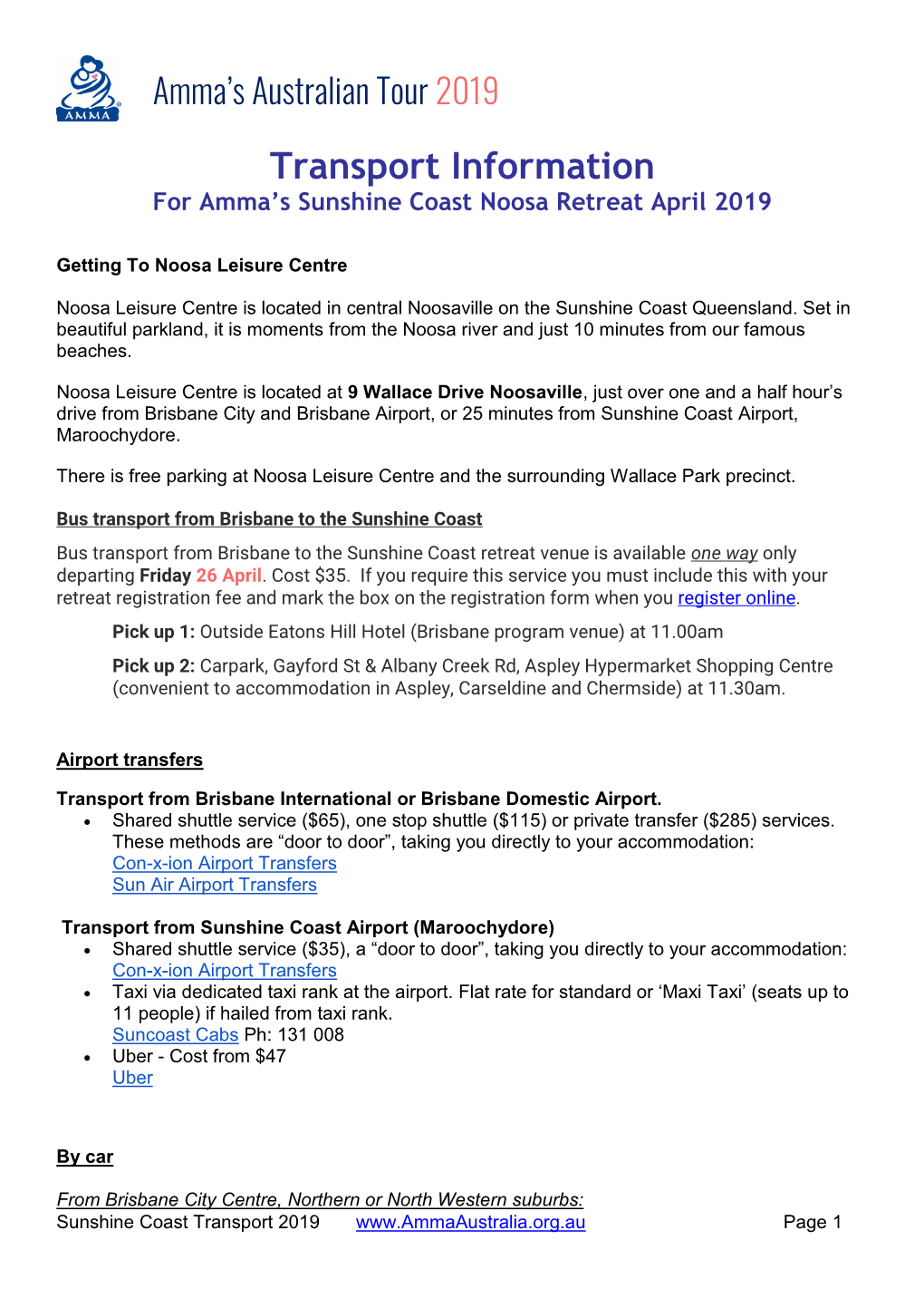 Transport Information for Amma’S Sunshine Coast Noosa Retreat April 2019