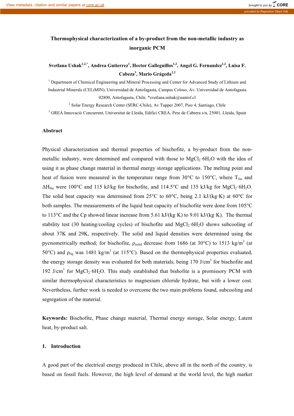 Thermophysical Characterization of a By-Product from the Non-Metallic Industry As Inorganic PCM