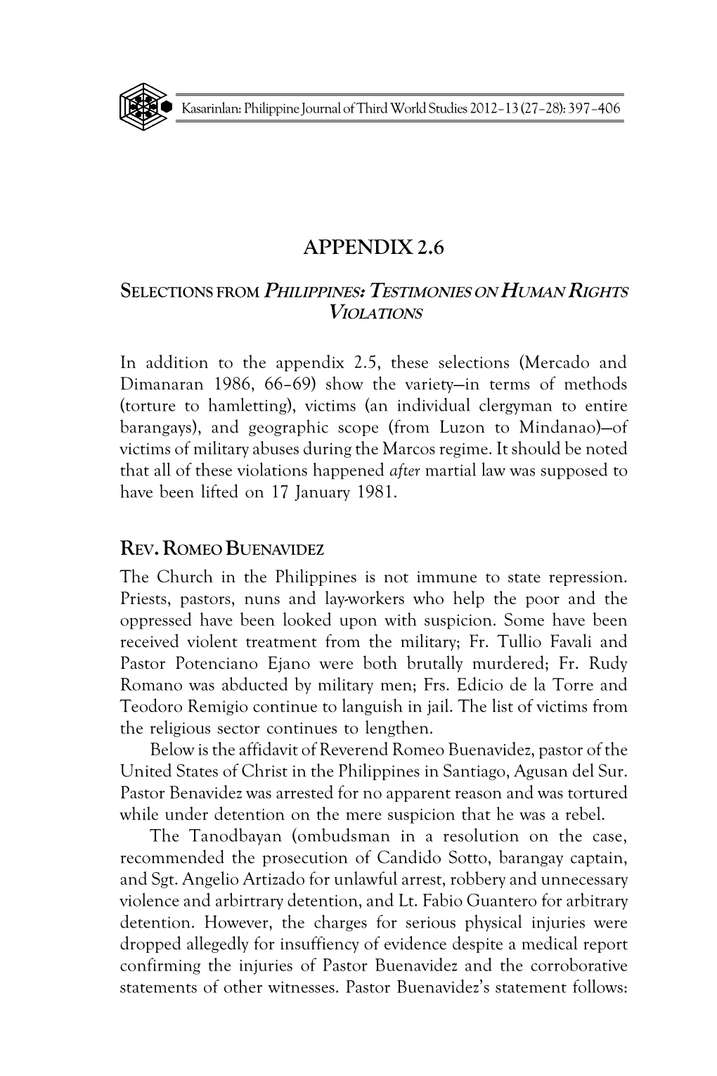 Appendix 2.6 Philippines: Testimonies on Human Rights Violations 397