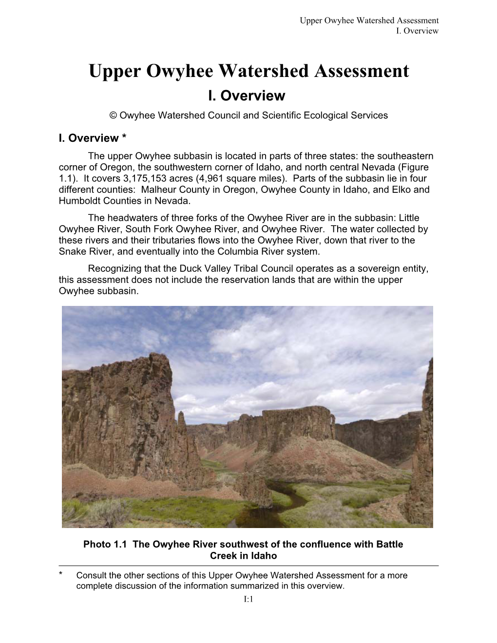 Upper Owyhee Watershed Assessment I